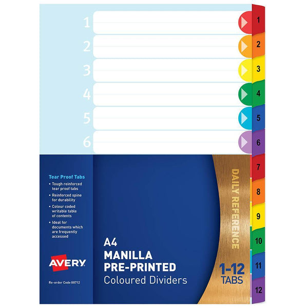 Avery 88712 Divider Plastic 1-12 Index Tab A4 Rainbow 88712 - SuperOffice