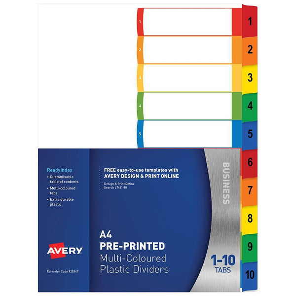 Avery 920147 L7411-10 Customisable Divider Pp Multicolour 1-10 Tabs 920147 - SuperOffice