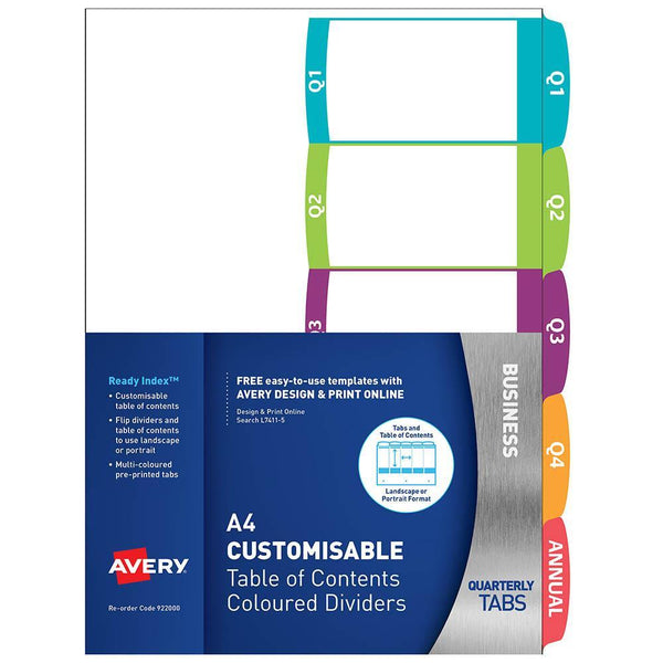 Avery 922000 L7411-5 Customisable Table Of Contents Coloured Divider Quarterly Tab A4 922000 - SuperOffice
