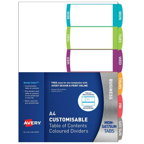 Avery 922001 L7411-6 Customisable Table Of Contents Coloured Divider Days Tab A4 922001 - SuperOffice