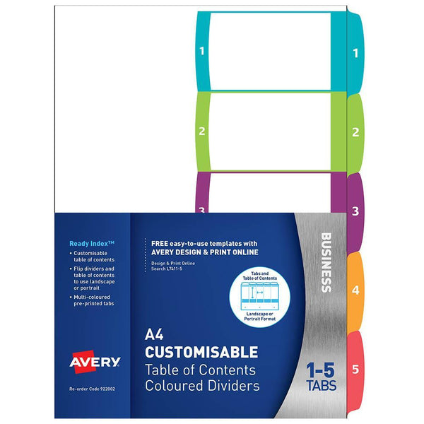 Avery 922002 L7411-5 Customisable Table Of Contents Coloured Divider 1-5 Tab A4 922002 - SuperOffice