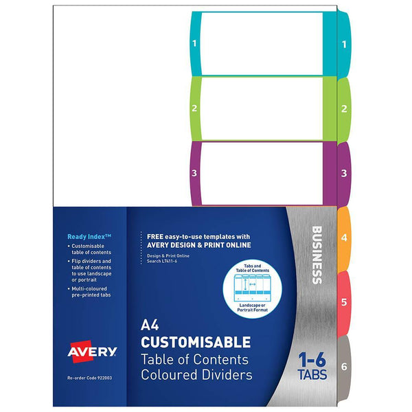 Avery 922003 L7411-6 Customisable Table Of Contents Coloured Divider 1-6 Tab A4 922003 - SuperOffice