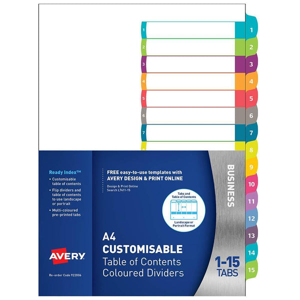 Avery 922006 L7411-15 Customisable Table Of Contents Coloured Divider 1-15 Tab A4 922006 - SuperOffice