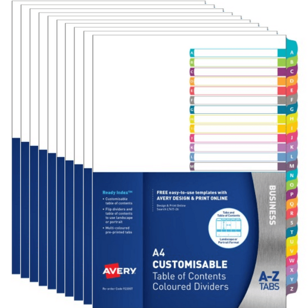Avery 922007 L7411-26 Customisable Table Of Contents Coloured Dividers A-Z Tabs A4 10 Pack 922007 (10 Pack) - SuperOffice
