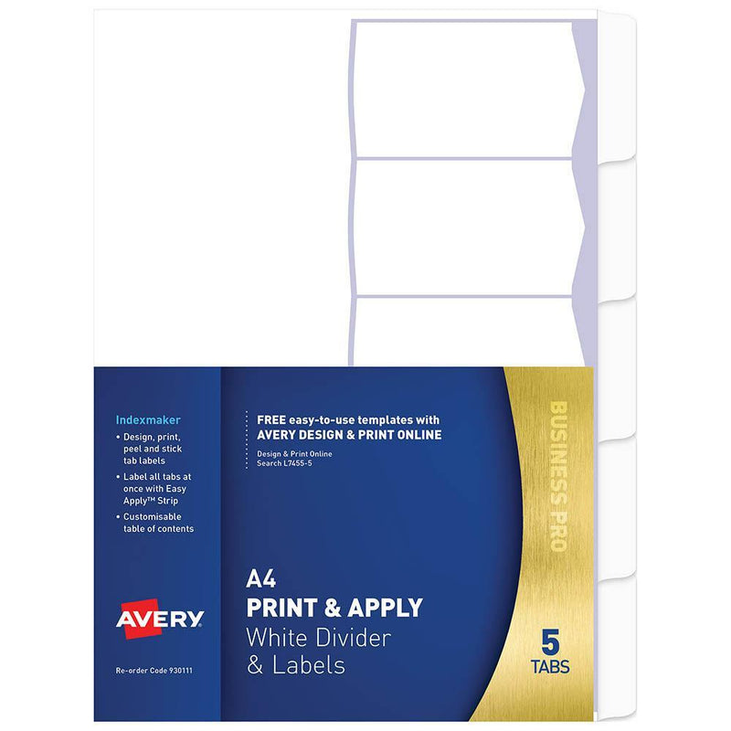 Avery 930111 L7455-5 Print & Apply A4 With Easy Apply Labels 1-5 Tabs 930111 - SuperOffice