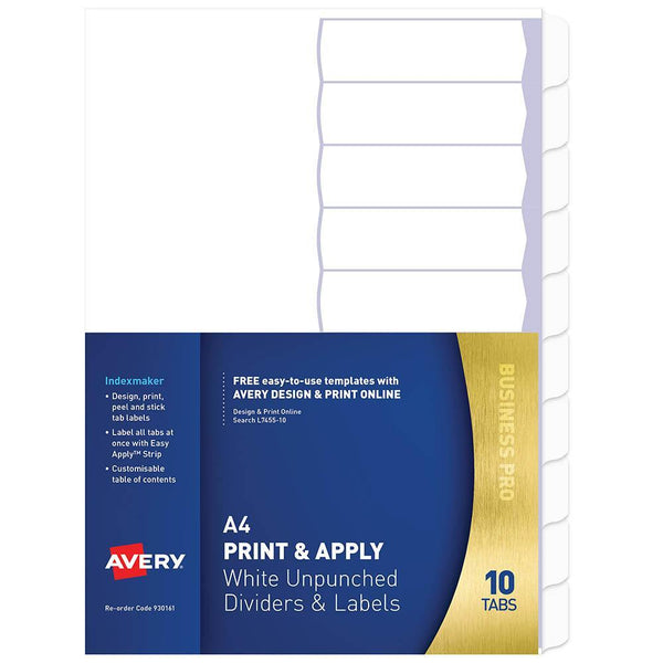 Avery 930161 L7455-10 Divider Unpunched Print & Apply 1-10 Tab A4 White 930161 - SuperOffice