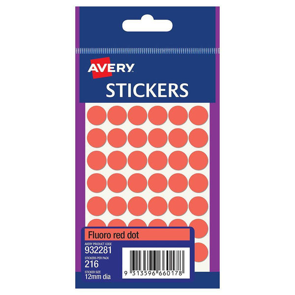 Avery 932281 Multi-Purpose Stickers Circle 12Mm Fluro Red Pack 216 932281 - SuperOffice