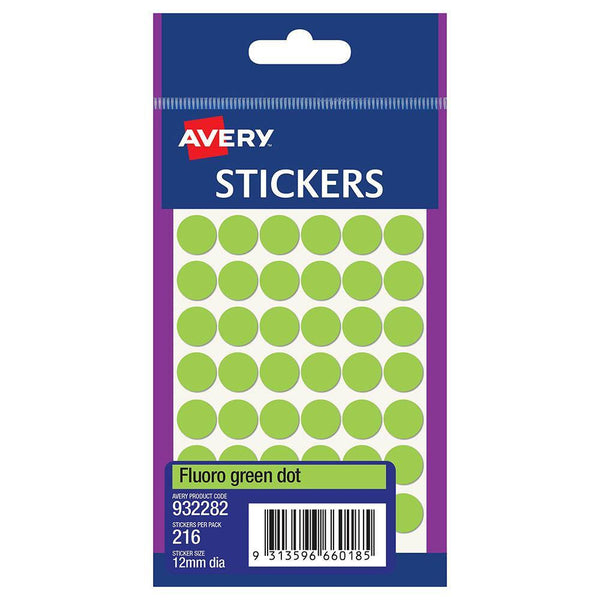Avery 932282 Multi-Purpose Stickers Circle 12Mm Fluro Green Pack 216 932282 - SuperOffice