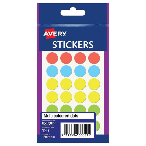 Avery 932292 Multi-Purpose Stickers Circle 16Mm Multi Coloured Pack 140 932292 - SuperOffice