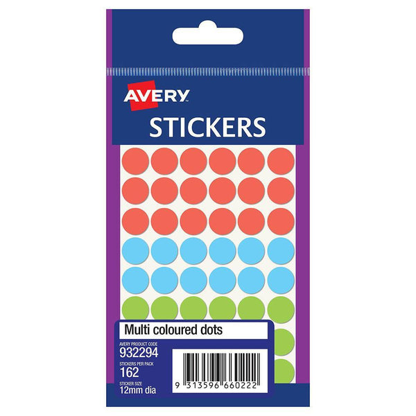 Avery 932294 Multi-Purpose Stickers Circle 12Mm Multi Coloured Pack 162 932294 - SuperOffice