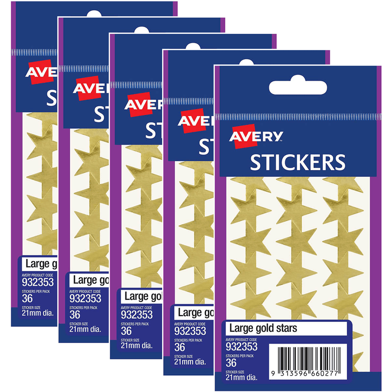 Avery 932353 Merit Star Stickers 21mm Gold Pack 36 Stars 5 Pack 932353 (5 Pack) - SuperOffice