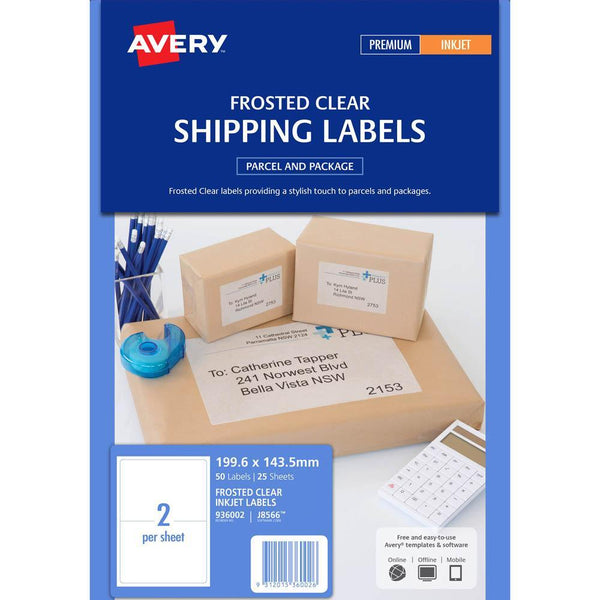 Avery 936002 J8566 Shipping Label Frosted Inkjet 2Up Clear Pack 25 936002 - SuperOffice