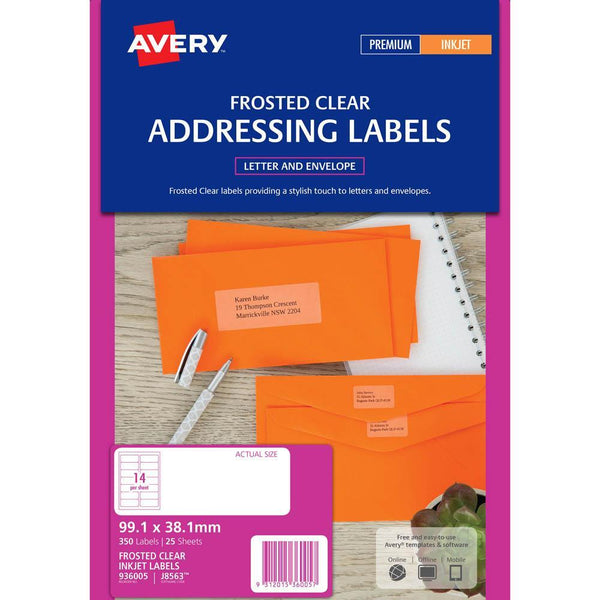 Avery 936005 J8563 Inkjet Label 99.1 X 38.1Mm 14Up Clear With Matt Finish Pack 25 936005 - SuperOffice