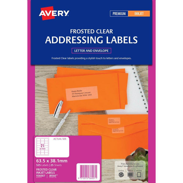 Avery 936007 J8560 Inkjet Label 21Up Clear With Matt Finsh Pack 25 936007 - SuperOffice