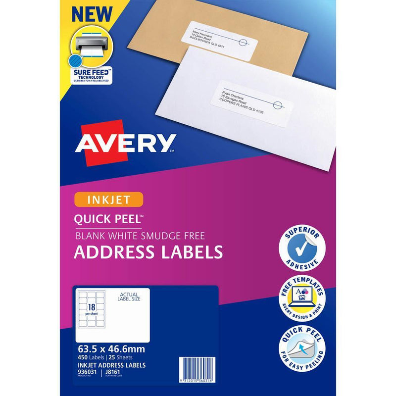 Avery 936031 J8161 Quick Peel Address Label With Sure Feed Inkjet 18Up White Pack 25 936031 - SuperOffice