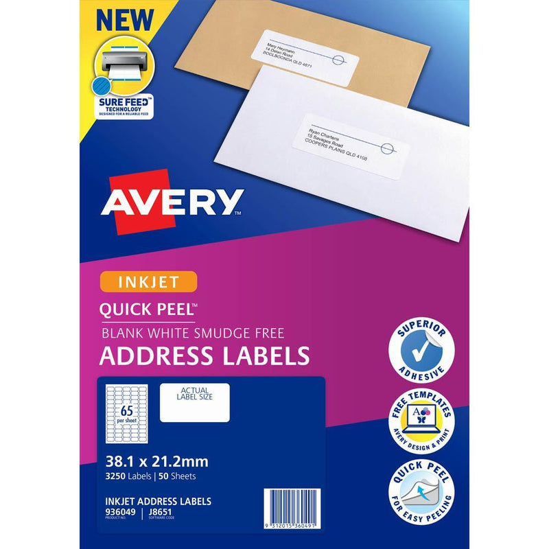 Avery 936049 J8651 Quick Peel Address Label With Sure Feed Inkjet 65Up White Pack 50 936049 - SuperOffice