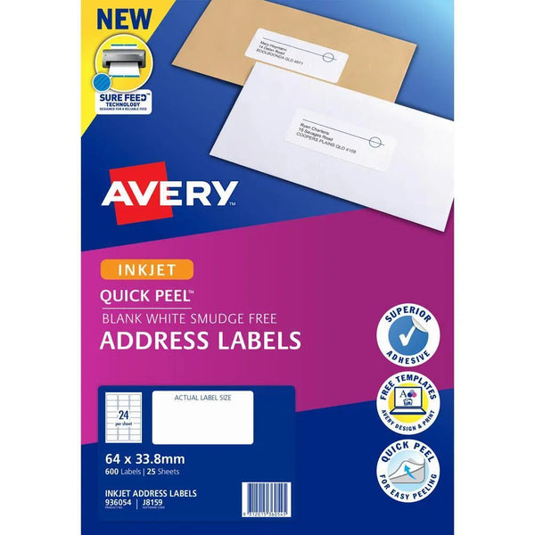 Avery 936054 J8159 Quick Peel Address Label With Sure Feed Inkjet 24Up White Pack 25 936054 - SuperOffice