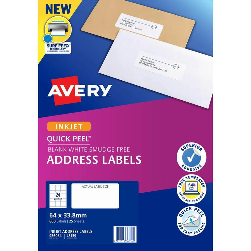 Avery 936054 J8159 Quick Peel Address Label With Sure Feed Inkjet 24Up White Pack 25 936054 - SuperOffice