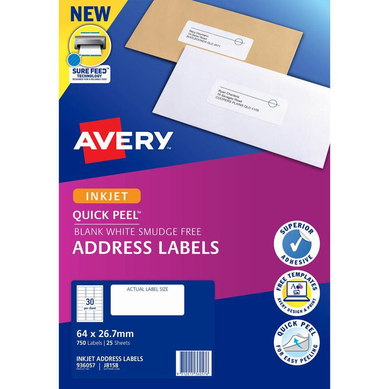 Avery 936057 J8158 Quick Peel Address Label With Sure Feed Inkjet 30Up White Pack 25 936057 - SuperOffice