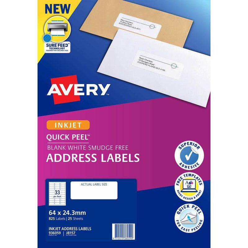 Avery 936059 J8157 Quick Peel Address Label With Sure Feed Inkjet 33Up White Pack 25 936059 - SuperOffice