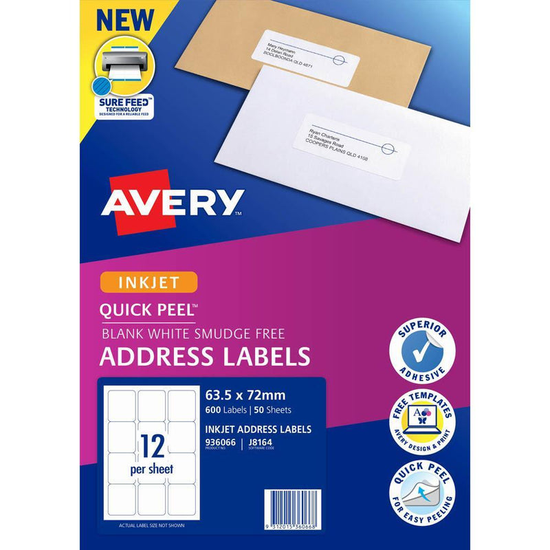 Avery 936066 J8164 Quick Peel Address Label With Sure Feed Inkjet 12Up White Pack 50 936066 - SuperOffice