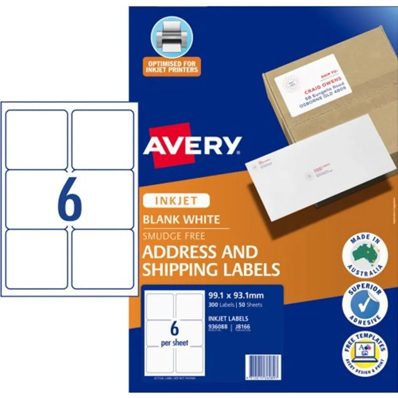 Avery 936088 J8166 Shipping Labels Inkjet 6UP White Pack 50 Sheets 936088 - SuperOffice