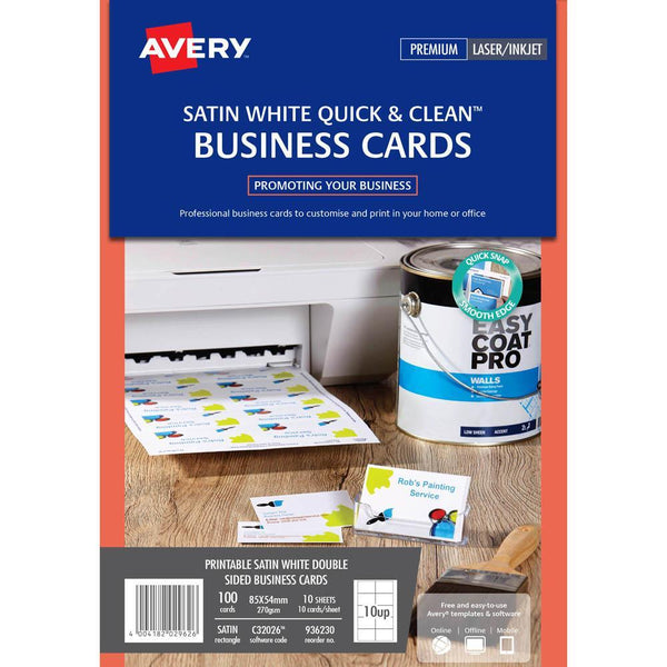 Avery 936230 C32026 Quick Clean Satin White Colour Laser Double Sided Business Card Pack 100 936230 - SuperOffice