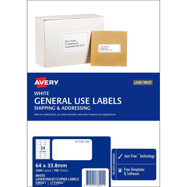 Avery 938201 L7159 General Use Laser Inkjet Copier Label 24Up White Pack 100 938201 - SuperOffice