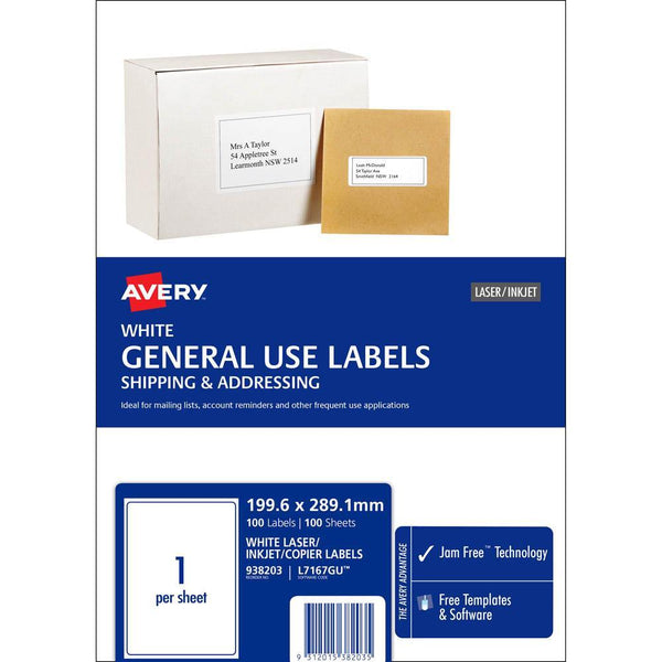 Avery 938203 L7167 General Use Laser Inkjet Copier Label 1Up White Pack 100 938203 - SuperOffice
