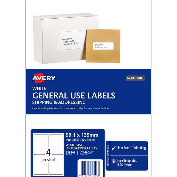 Avery 938206 L7169 General Use Laser Inkjet Copier Label 4Up White Pack 100 938206 - SuperOffice