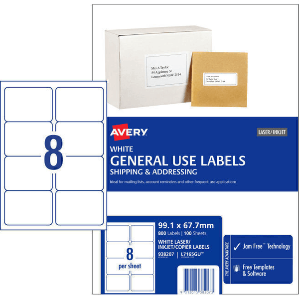Avery 938207 L7165 General Use Laser Inkjet Copier Label 8/Page White Pack 100 938207 - SuperOffice