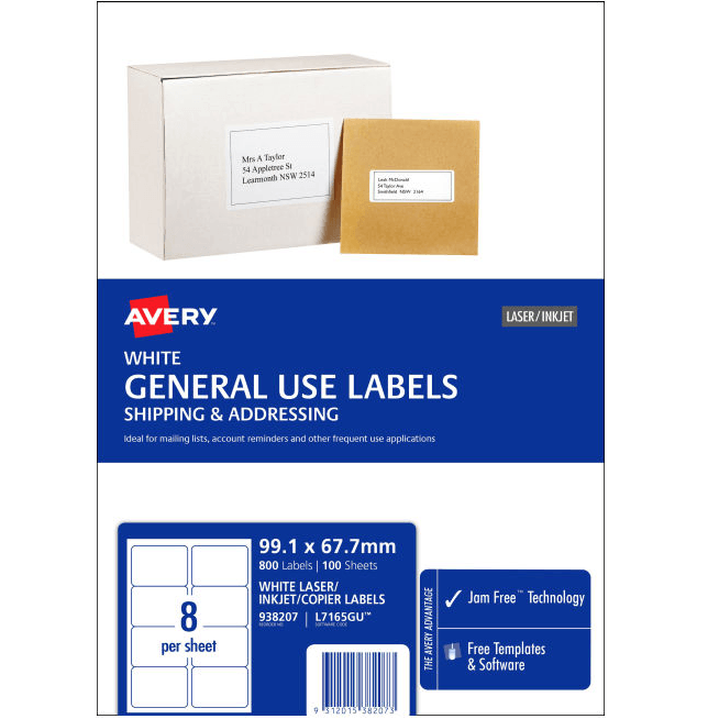 Avery 938207 L7165 General Use Laser Inkjet Copier Label 8/Page White Pack 100 938207 - SuperOffice