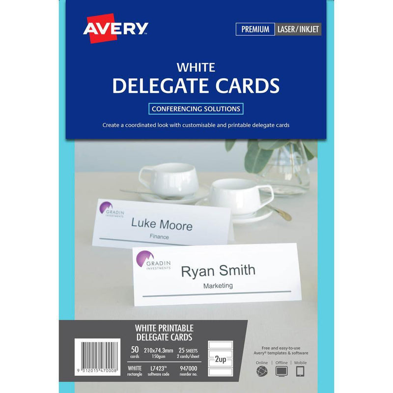Avery 947000 L7423 Delegate Cards Laser Embossed 2Up 210 X 74.25Mm 150Gsm Pack 25 947000 - SuperOffice