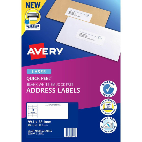 Avery 952003 L7163 Quick Peel Address Label With Sure Feed Laser 14Up White Pack 20 952003 - SuperOffice