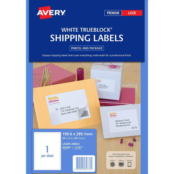 Avery 952007 L7167 Trueblock Shipping Label Laser 1Up White Pack 20 952007 - SuperOffice