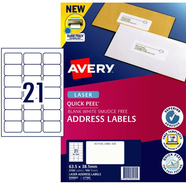 Avery 959001 L7160 Quick Peel Address Label With Sure Feed Laser 21Up White Pack 100 959001 - SuperOffice