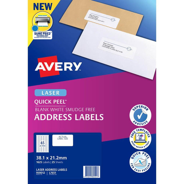 Avery 959012 L7651 Quick Peel Address Label With Sure Feed Laser 65Up White Pack 25 959012 - SuperOffice