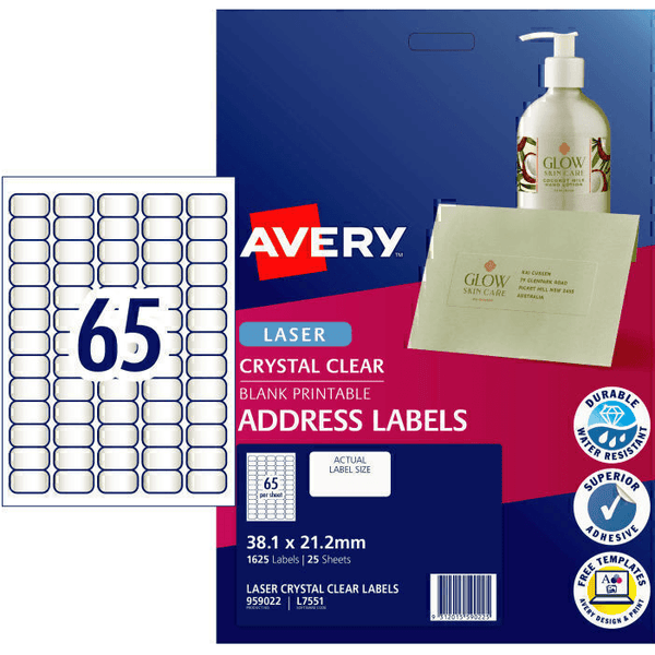 Avery 959022 L7551 Crystal Clear Address Label Laser 65Up Clear Pack 25 959022 - SuperOffice