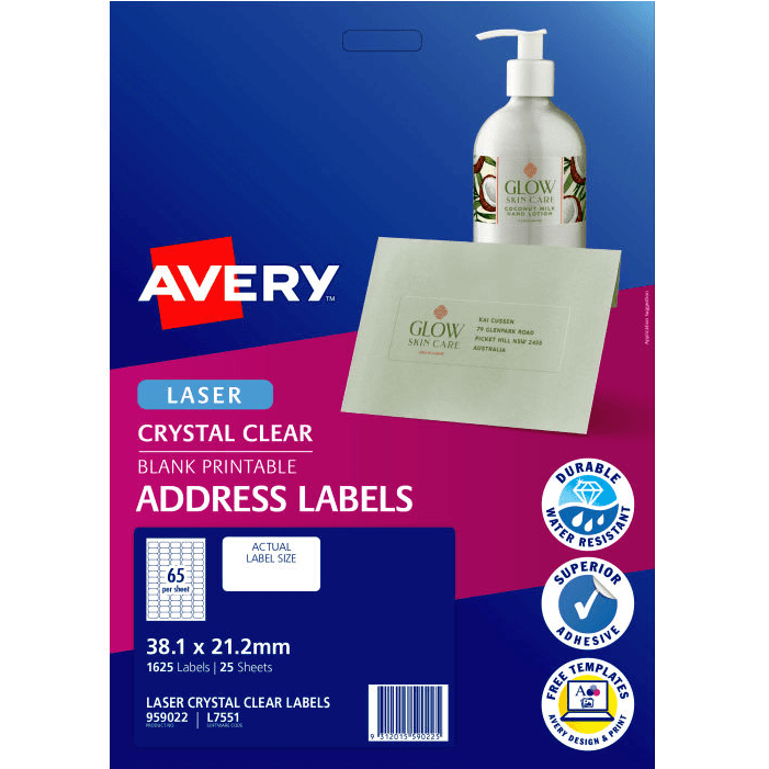Avery 959022 L7551 Crystal Clear Address Label Laser 65Up Clear Pack 25 959022 - SuperOffice