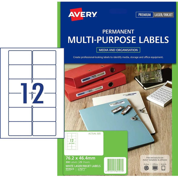 Avery 959023 L7671 Video Face Labels 12/Page Laser White Pack 300 959023 - SuperOffice