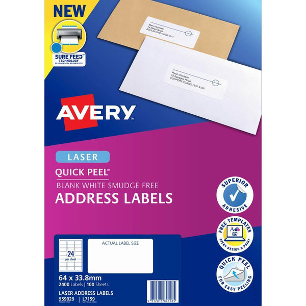 Avery 959029 L7159 Quick Peel Address Label With Sure Feed Laser 24Up White Pack 100 959029 - SuperOffice