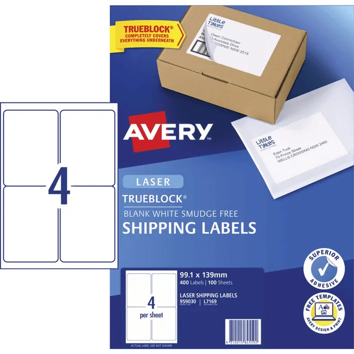 Avery 959030 L7169 Laser Labels Parcel 4Up White Pack 100 959030 - SuperOffice