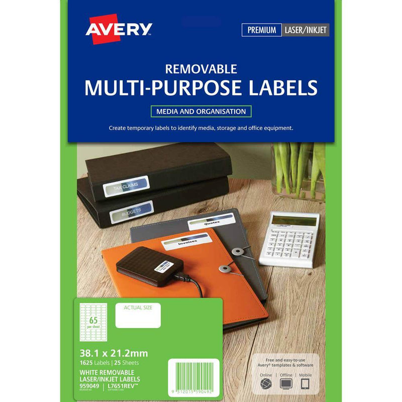 Avery 959049 L7651Rev Removable Multi-Purose Label Laser Inkjet 65Up White Pack 25 959049 - SuperOffice