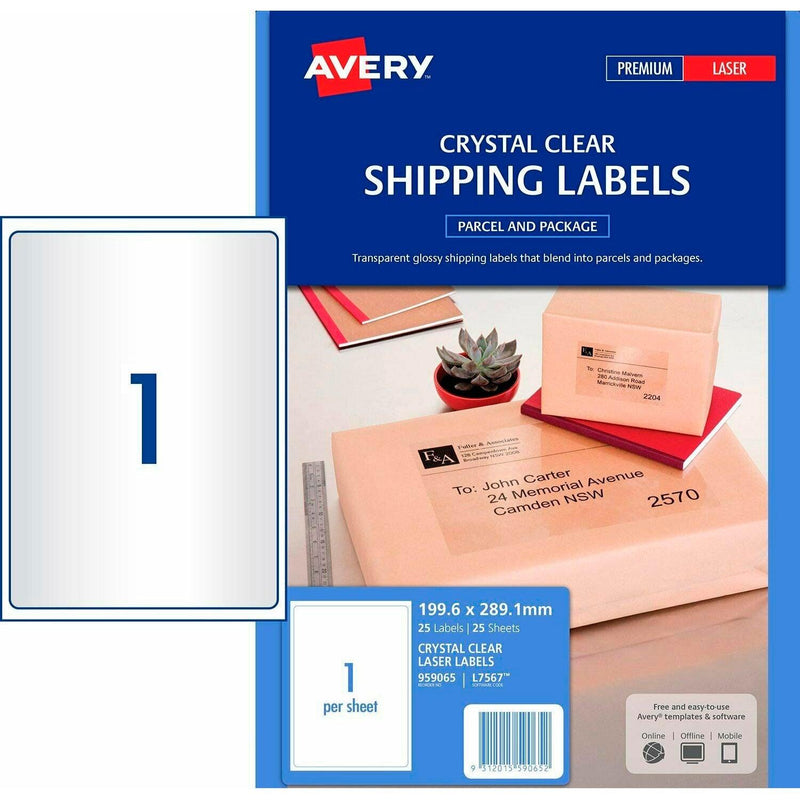Avery 959065 L7567 Crystal Clear Address Label Laser 1UP A4 Clear Pack 25 959065 - SuperOffice