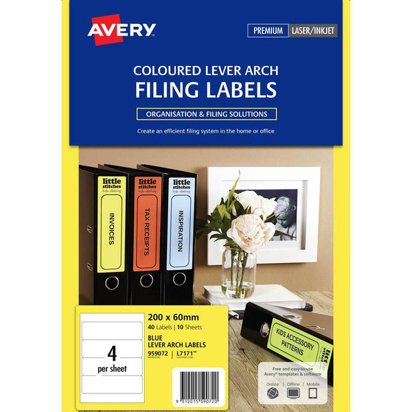 Avery 959072 L7171B Laser Labels Lever Arch 4Up Blue Pack 10 959072 - SuperOffice