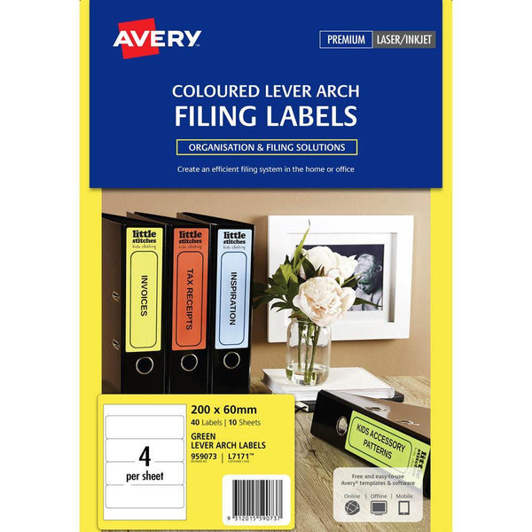 Avery 959073 L7171G Laser Labels Lever Arch 4Up Green Pack 10 959073 - SuperOffice