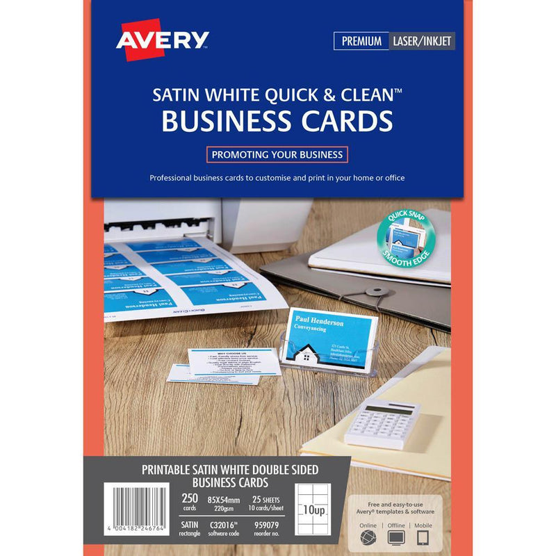 Avery 959079 C32016 Quick And Clean Colour Laser Business Cards White Satin 220Gsm Pack 250 959079 - SuperOffice