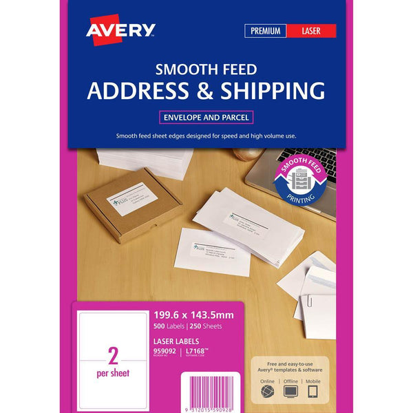 Avery 959092 L7168 Shipping Label Smooth Feed Laser 2Up White Pack 250 959092 - SuperOffice