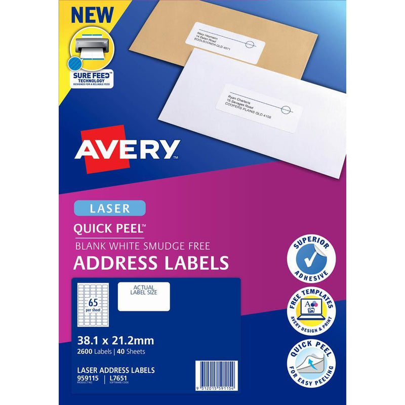 Avery 959115 L7651 Quick Peel Address Label With Sure Feed Laser 65Up White Pack 40 959115 - SuperOffice