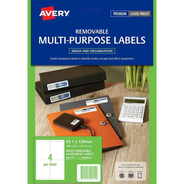Avery 959151 L7169Rev Removeable Multi-Purpose Label 4Up White Pack 25 959151 - SuperOffice